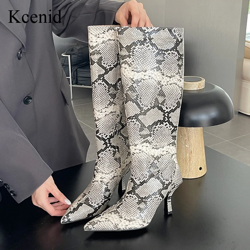 

Kcenid Snake Print Knee High Stiletto Boots Pointed Toe Zipper Fashion Booties for Women Party Runway High Heels Botas Mujer