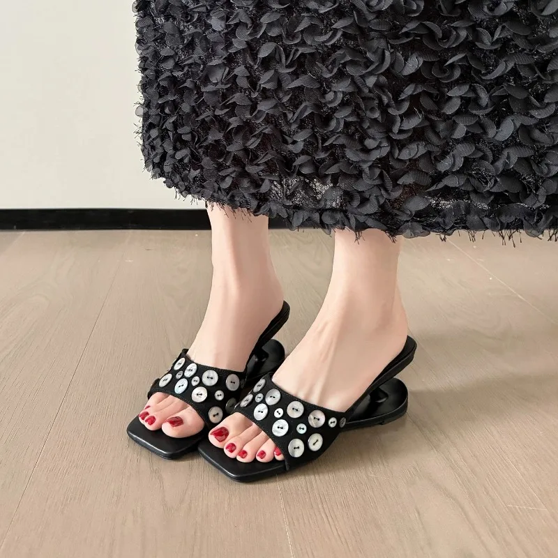2026Square Toe Shell Button Decor Women Slippers Summer New Designer Wedge Heel Sandals  Beach Holiday Shoes view 4