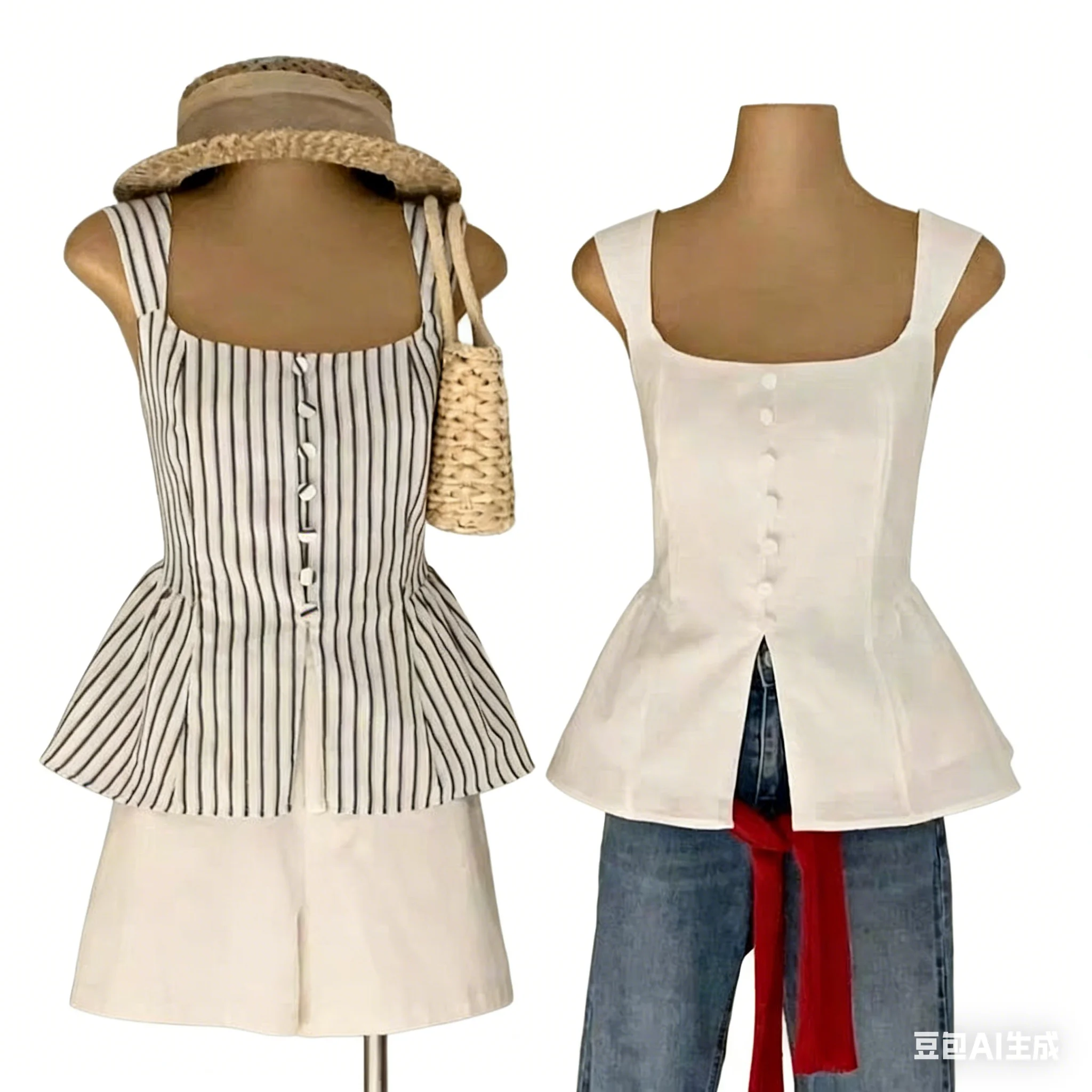 

Полосатая однотонная блузка без рукавов с пэплумом во французском стиле, с квадратным вырезом, расклешенным подолом, приталенная, шикарный летний наряд для элегантных дам