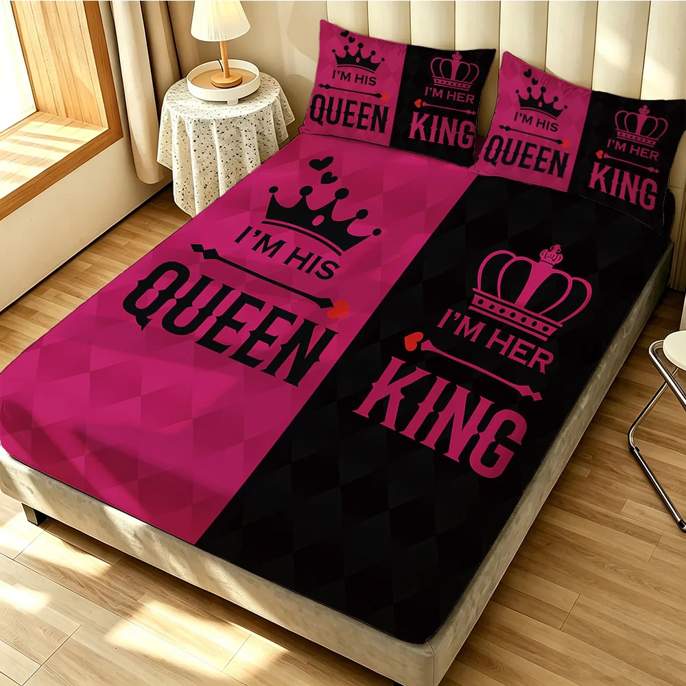 Couple King Queen Crown Print Fitted Sheet Set 3Pcs Soft Microfiber Bedding Pillowcases Pink Black