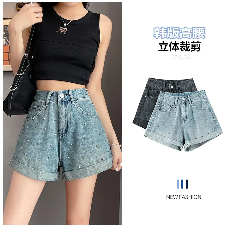 

2024 Spring New Casual Pants Women's Korean Edition Design Sense Heavy Industry Sequins Versatile High Waist Denim Shorts Trend