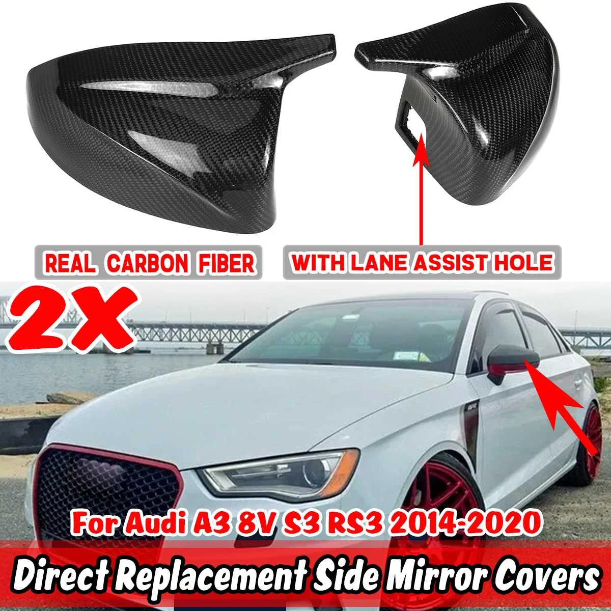 2PCS Car Rear View Mirror Cover Side Mirror Cap Covers Direct Replacement For Audi A3 8V S3 RS3 2014-2020 With Lane Assist Hole