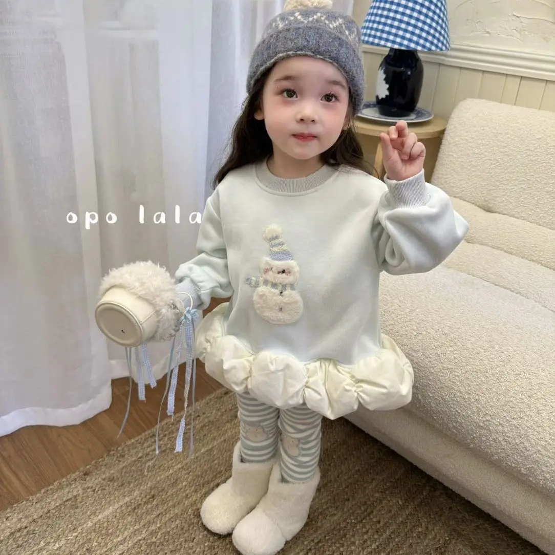 Fashion Kids Girls Princess 2pcs Clothes Set Autumn Winter Children Cartoon Plus Velvet Cute Top Pullover Shirts+Striped legging