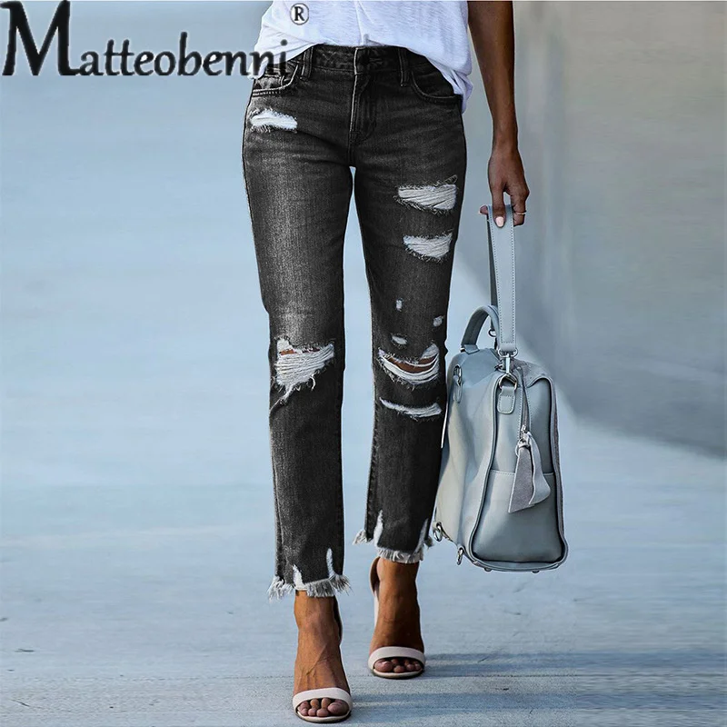 Fashion Broken Holes Tassel Straight Jeans Women's Mid-waist Button Splicing Denim Pants Ladies Trend Streetwear Casual Trousers