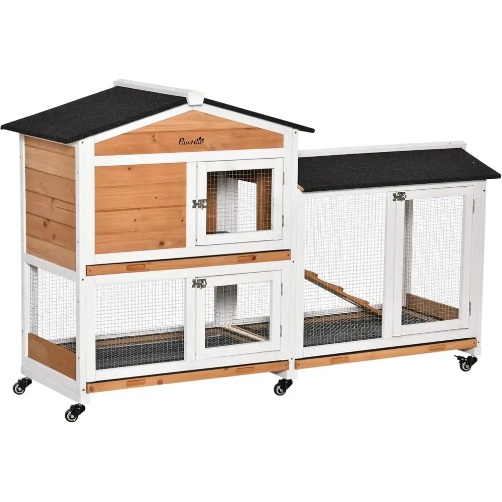

Wooden Small Animal Enclosure with Wheels, Removable Tray, and Lockable Door for Rabbits, Guinea Pigs, Chickens, and Ducks