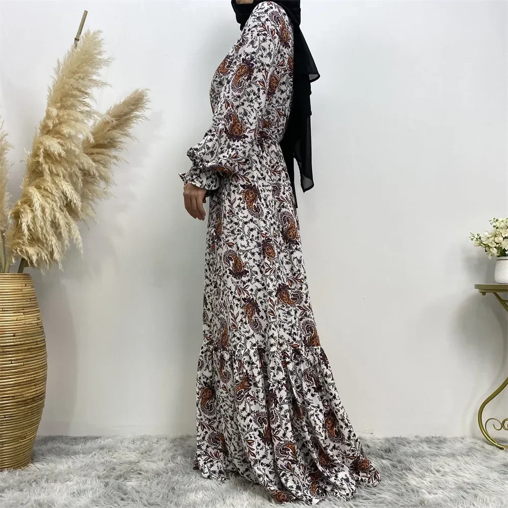 Saudi Frauen Lose Maxi Kleider Spitze-up Türkische Dubai Abayas Muslimischen Kleid Gedruckt Floral Casual Robe Kaftan Lange Kleid vestidos