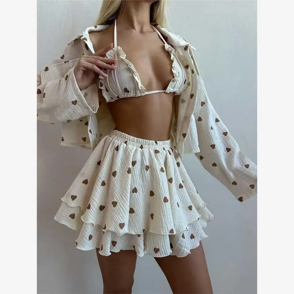 

Сексуальный комплект для дома: ночная сорочка с принтом, шорты и футболка, хлопковый, с длинным рукавом, круглым вырезом, женский модный комплект