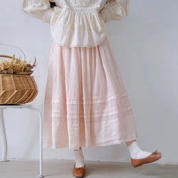 Johnature Japanese Ramie Patchwork Embroidery High Waist Women Skirts 2024 Summer New All Match Vintage Loose A-Line Women Skirt