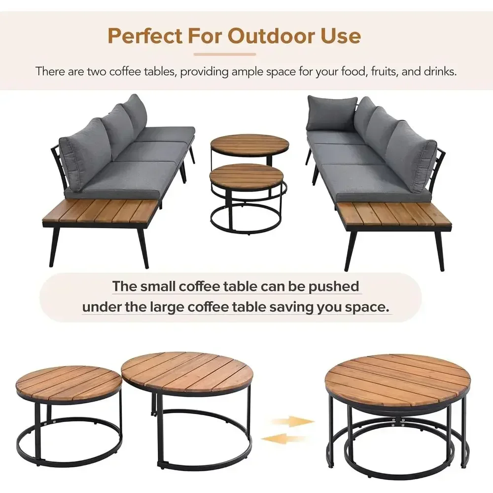 6-Piece Gray Outdoor Sectional Sofa Set with Cushions and Nesting Coffee Tables for Patio, Garden, Poolside