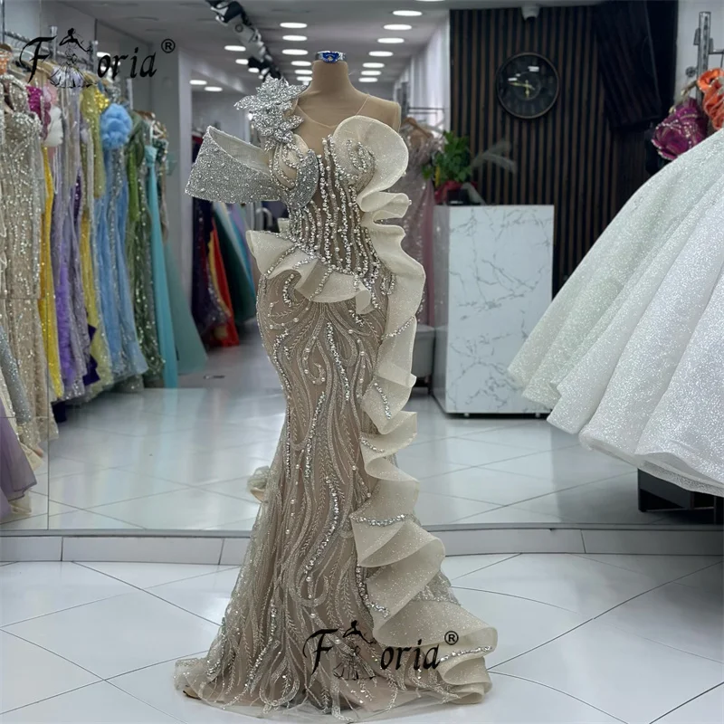 Vestido de fiesta Formal de sirena champán de lujo con perlas de cristal plateado apliques de mujer árabe hojas vestidos de noche de boda 3D