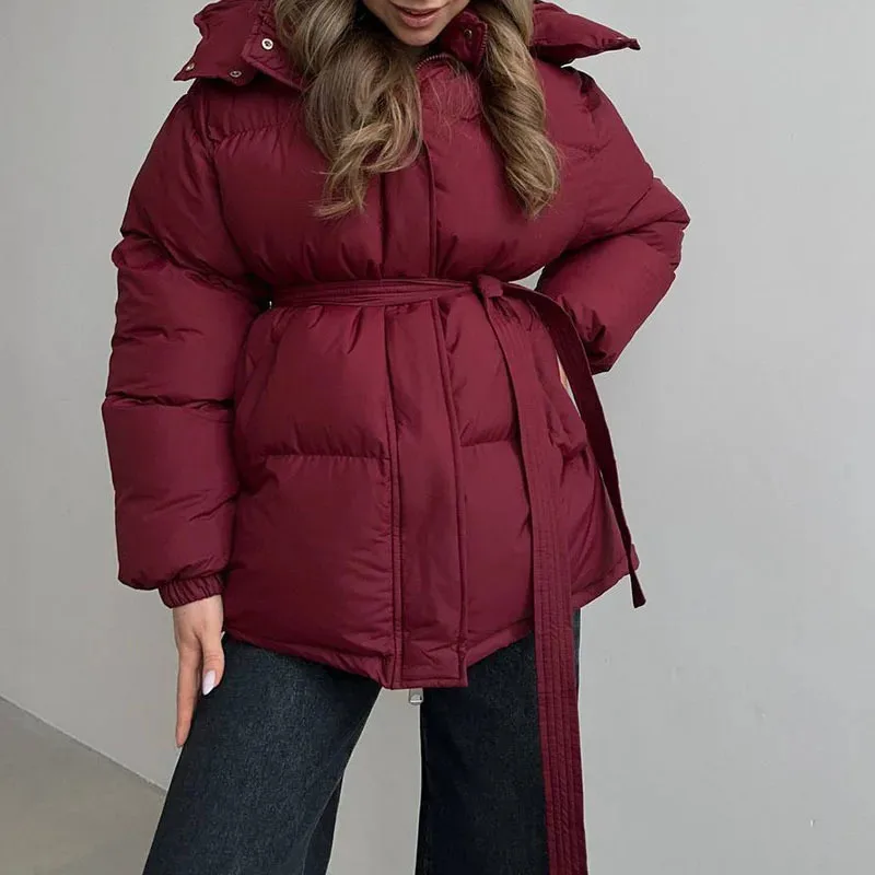 2025 Winter Mode Casual Lace-up Getailleerde Capuchon Halflange Jas Voor Vrouwen Elegante Effen Verdikte Katoenen Jas warme Jas