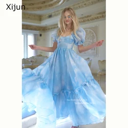 Xijun Sky Blue Evening Dresses Princess Prom Dresses Formal Party Dress Prom Gowns Flower Print Puff Sleeves Graduation Dresses