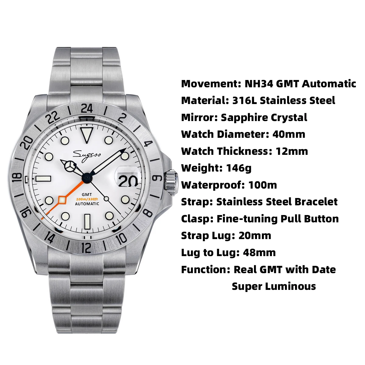 Sugess Men Watch GMT Automatic NH34 Movement 100M Waterproof