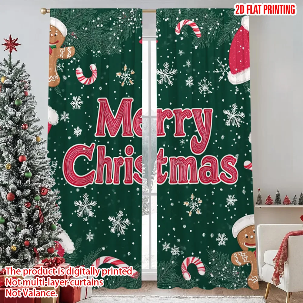 

2pcs 2D flat printing Merry Christmas Curtains gingerbread snowflake Versatile 100% Polyester Without Electricity Spring Perfect