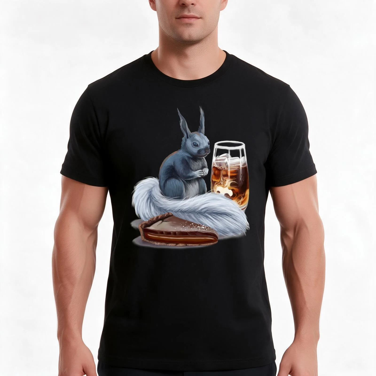 Iced coffee, a salted caramel chocolate tart, and a kaibab squirrel T-Shirt, Summer Casual Cotton Tee, Oversized Streetwear Tops