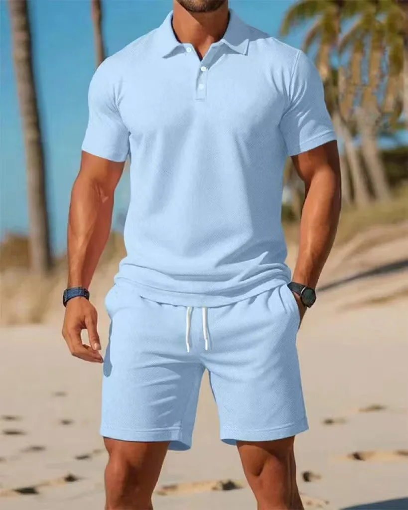Summer New Men's Polo Shirt Set Casual Sporty Cool Fashionable Slim Fit Solid Color Short-Sleeved Shorts Set Men's