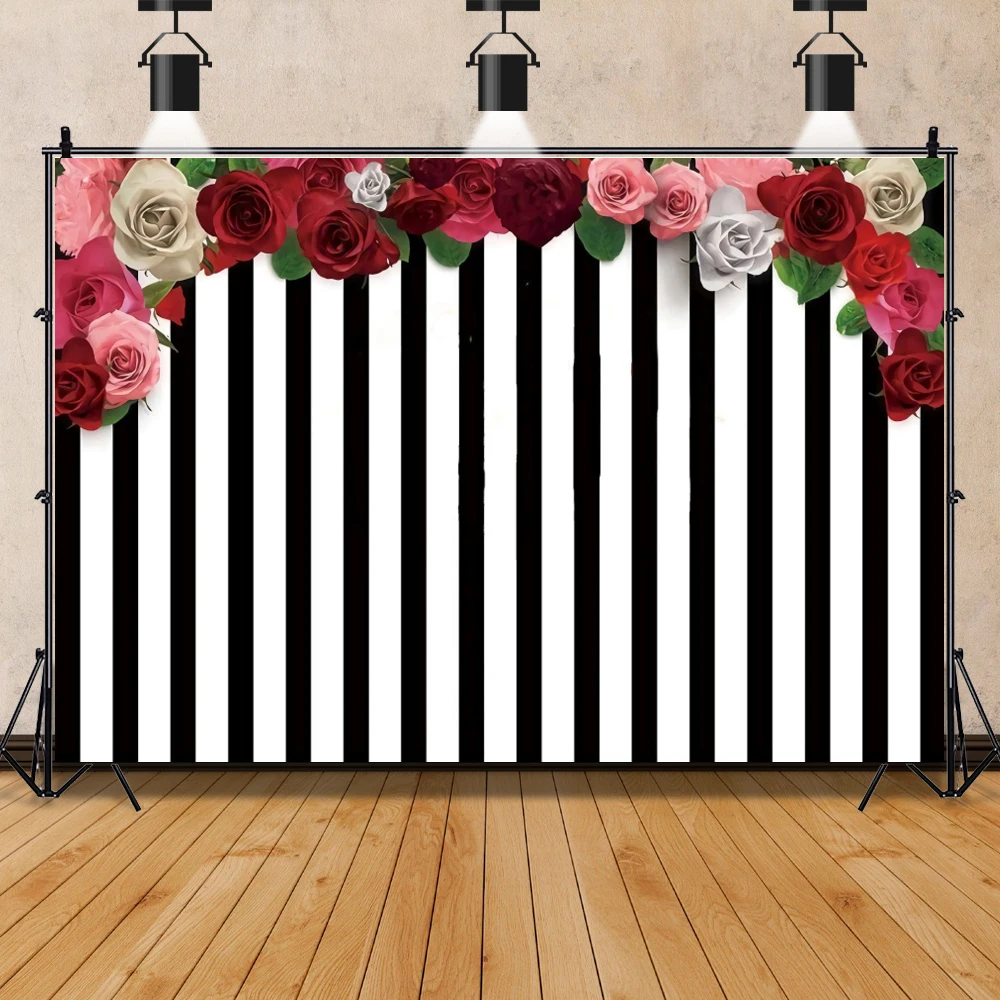 Black White Stripes Backgrounds For Photography Rose Flowers Birthday Party Banner Baby Photo Backdrops Photocall Photo Studio