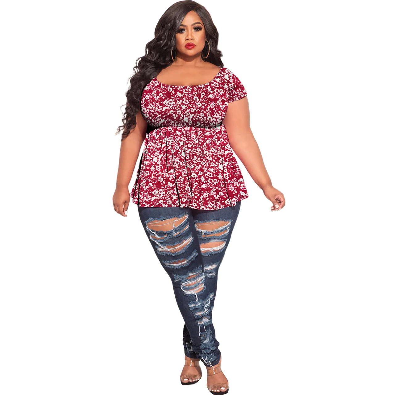 Vermelho floral impressão plus size t camisa roupas femininas solto pulôver senhoras manga curta topos casual wear verão 2022 por atacado