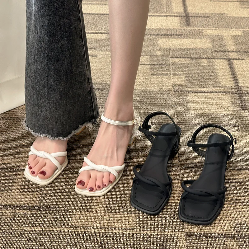 

Fashion Square Toe Chunky Heel Shoes Sexy Open Toe One Word Buckle Strap Sandals Elegant Daily Versatile Ladies Sandalias