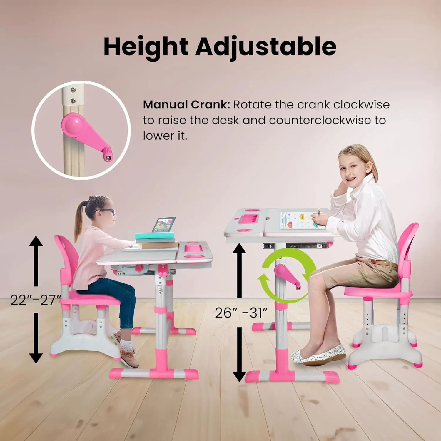 Gadgets Kids Desk and Chair Set for Ages 4-12, Height Adjustable Children's Study Table, Student School Desks with Lamp,