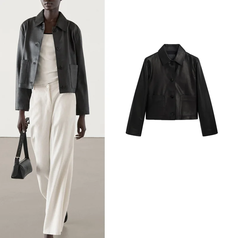 Ele Bla PU Pelle Jaet ort Capispalla per donna Primavera Nuovo arrivo Faionable Busin Sle Lungo Sve Colletto