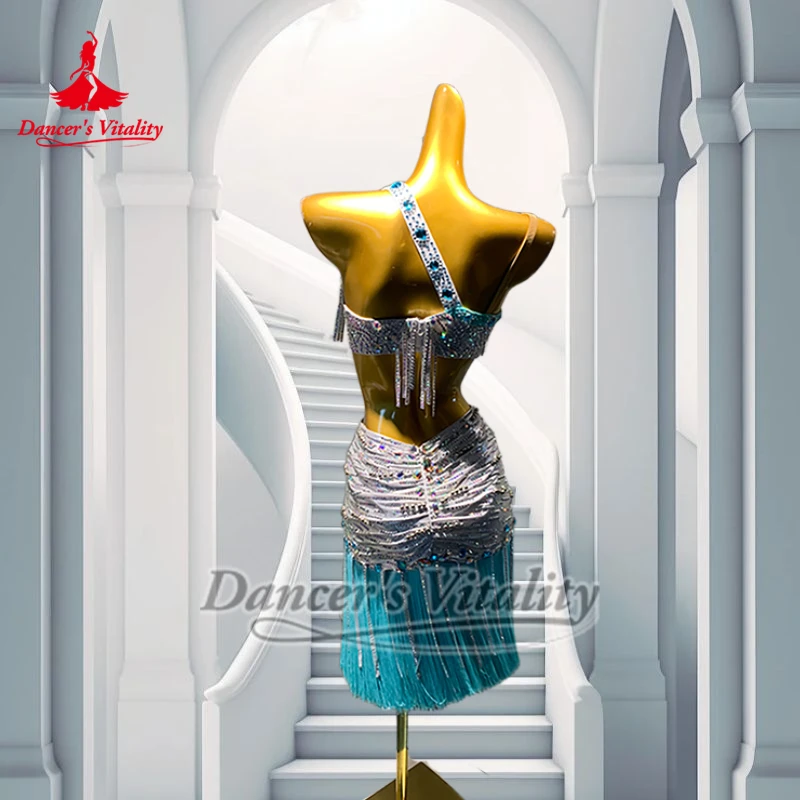 Chacha Samba Women Sexy Bra Style+Wrapped Hips Fringed Skirt 2-piece Suit Latin Dance Contest Clothing Custom Dancer's Vitality