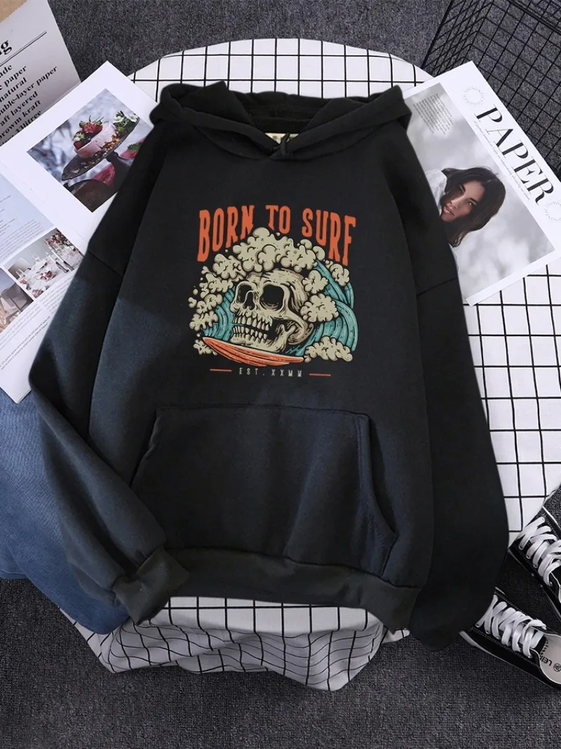 Womens Hoodies Fashion Loose Hoody Casual Fleece Sweatshirt Harajuku Trendy Sportswear Burn To Surf Even Facing Dead Printed