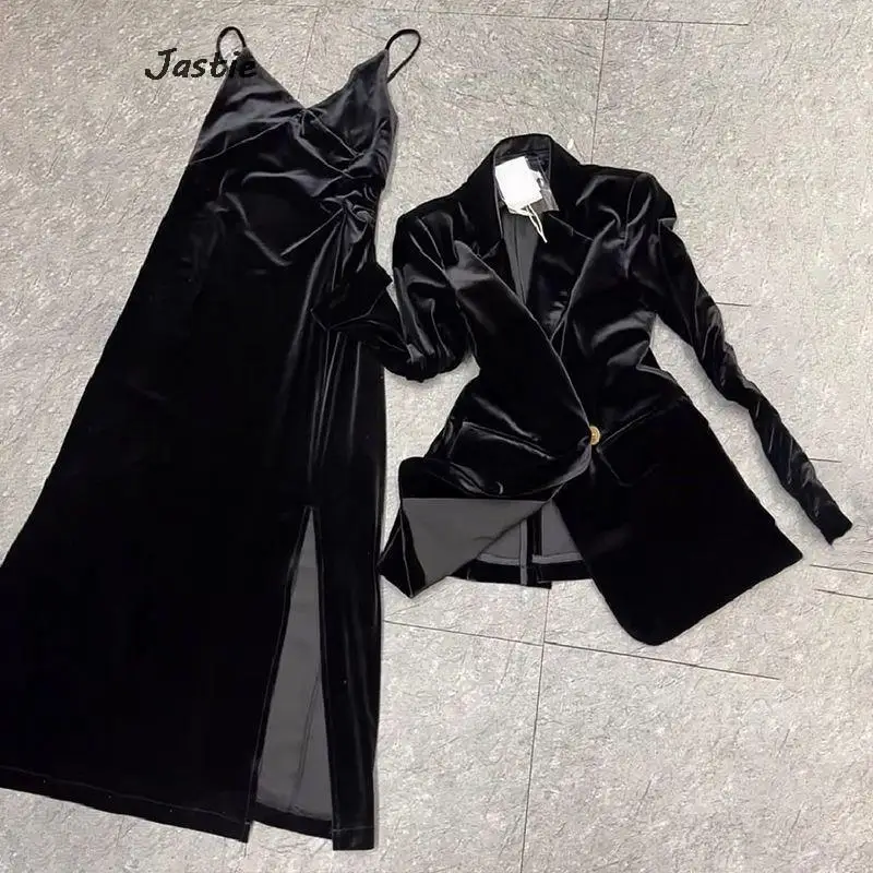 Large Size Velvet Slip Dress + Blazer Oufits V Neck Sleeveless Slit Vestidos Women Two Piece Set Spring Fashion Chic Coat Suit