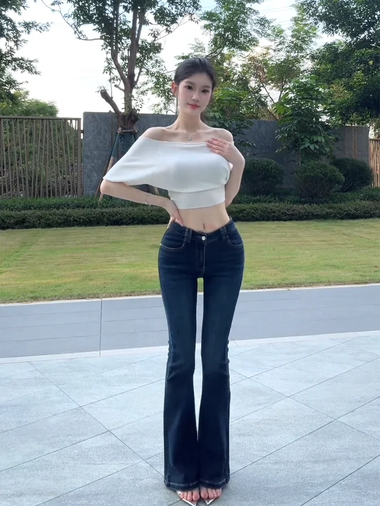 

Slim Fit Straight Leg Jeans American Style Hot Girl Design V Waist Wide Hip Micro Flared Blue Jeans Ladies Casual Jeans