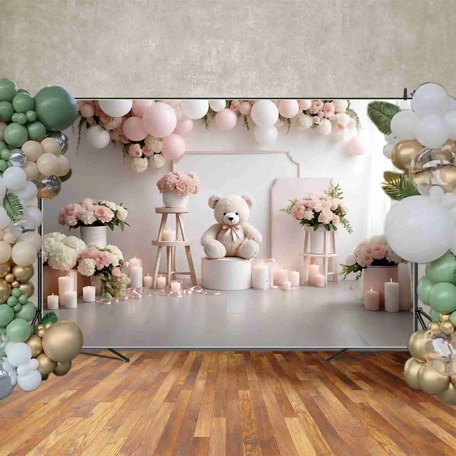 MOON.QG Teddy Bear Flower One Birthday fondali bambini ghirlanda palloncino floreale sfondo decorazione per feste forniture per fotochiamate