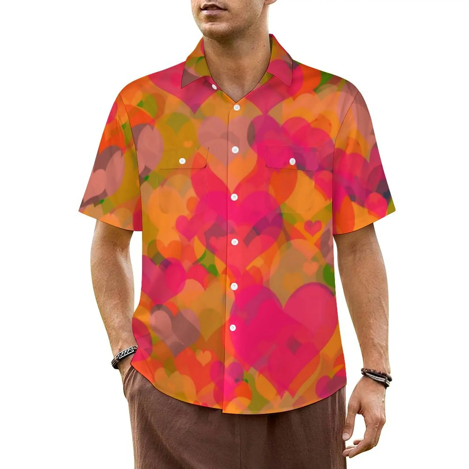 

Hawaiian Shirt Beach Heart Burst Art Blouses Abstract Hearts Print Loose Casual Shirts Men Short Sleeve Y2K Funny Oversized Top