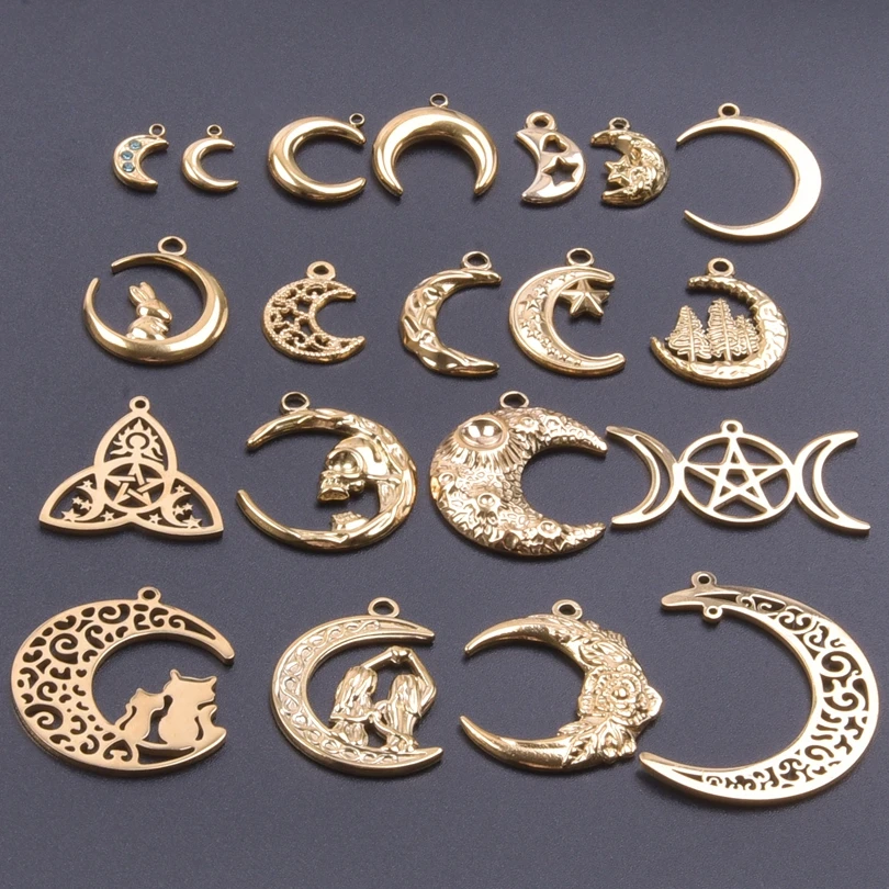 Vintage Metal Filigree Moon Pendants For Jewelry Making Supplies Connectors Accessories Stainless Steel Charm Bulk Luna Material