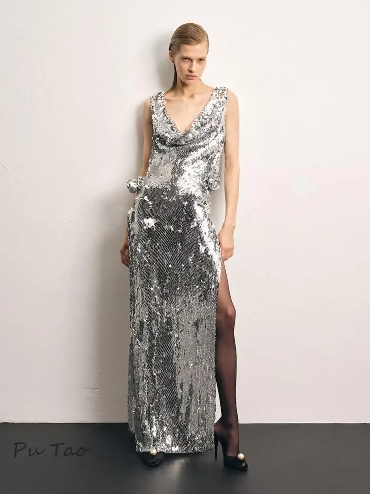 

Putao Silver Celebrity Party Dresses For Women Sexy Backless 3d Flowers Luxury Glitter Silver Sequins Long Dress Evening Gowns