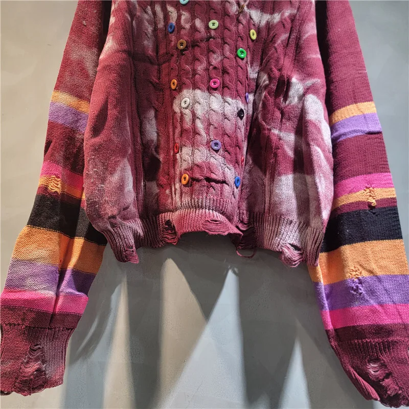 WTHT mode nouveau femmes épissé paillettes dégradé rayé tricot pull 2025 été col rond manches longues pulls femme 1LS2143