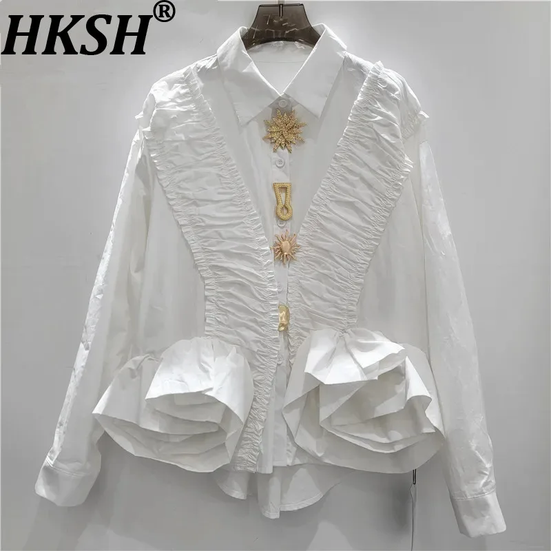 

HKSH Women Chic Shirt Metal Buttoned Ruffled Pleated Niche Design Long Sleeves High-End Blouse Elegant Top Spring Summer HK19122