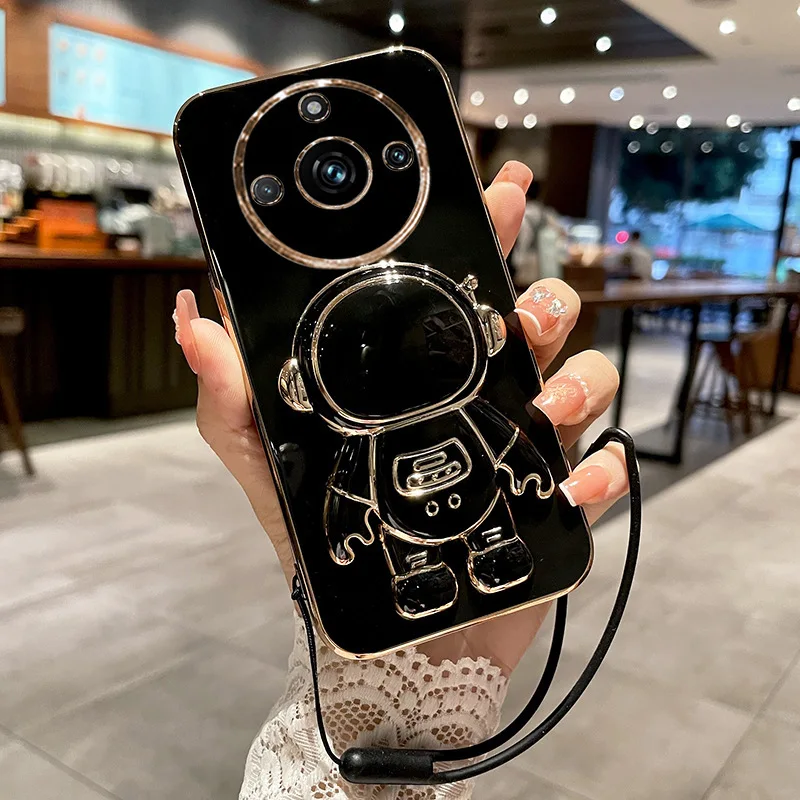 For Realme 11Pro 11 Plus Electroplated Drop-proof Dustproof Soft Phone Case with Cartoon Astronaut Folding Stand  Holder lanyard