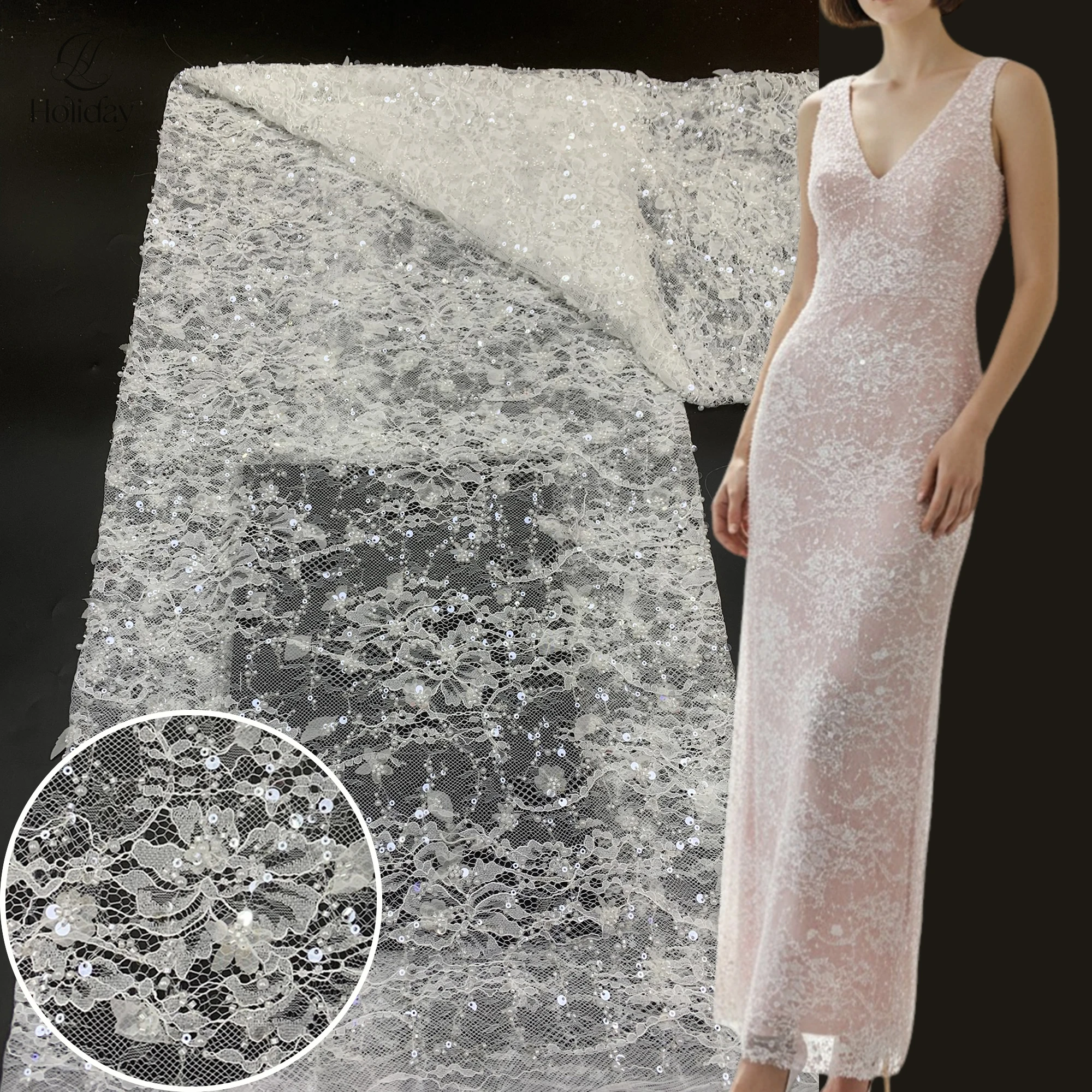 

Luxury Heavy-Embellished Laser Cut 3D Beads/Tubes/Sequins Embroidery Lace Fabric for Wedding & Evening Dresses