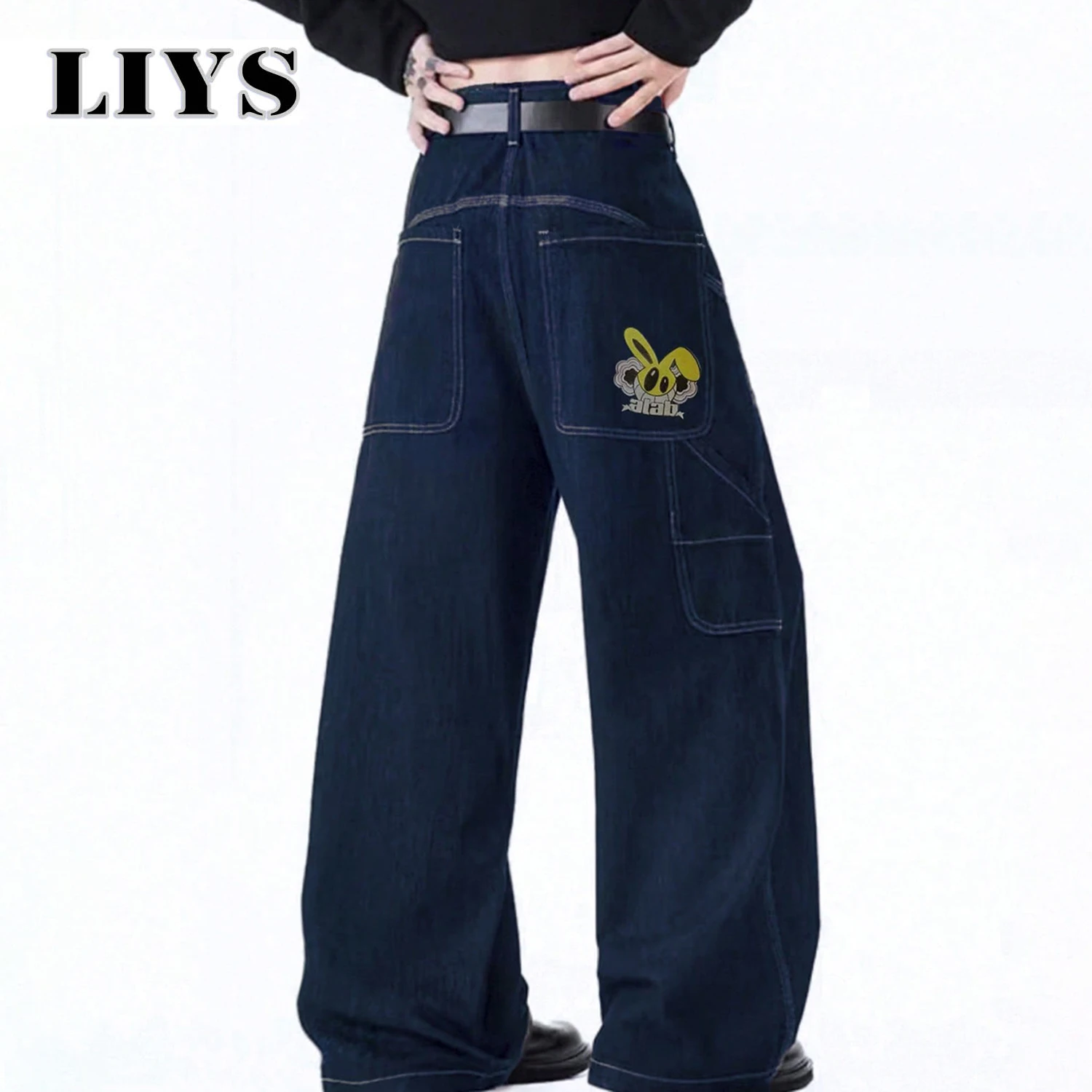 

2025 мужские свободные широкие джинсы с вышивкой в стиле американского ретро аниме, мужские мешковатые джинсы с кроликом Y2K, рабочая одежда с несколькими карманами, джинсовые брюки