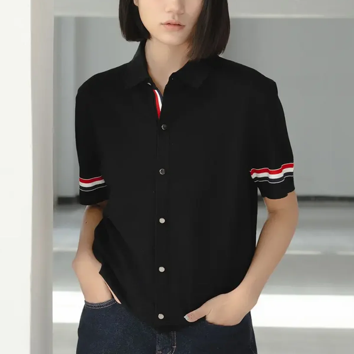 

Мужская трикотажная рубашка с отложным воротником, осенний дизайн, полосатый пэчворк, легкая, дышащая, летняя базовая рубашка