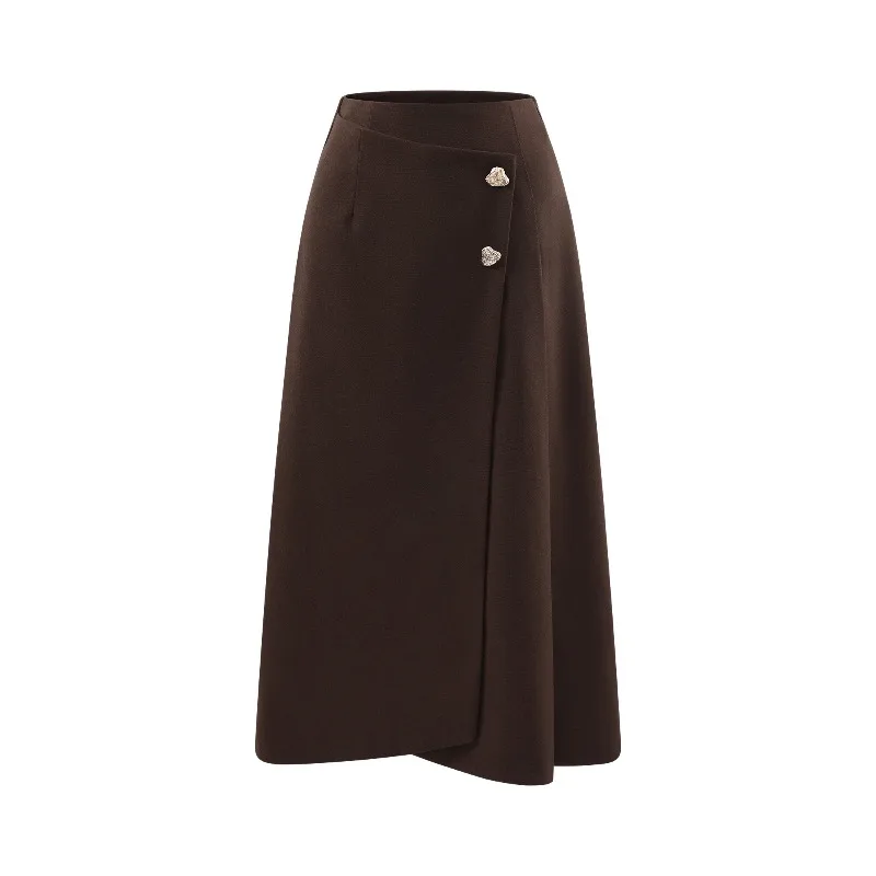 Chic Wool-Like A-Line Midi Skirt for Women Lady High-Waist Slim Fit Vintage Metal Button Skirt Elegant Autumn Winter Styling