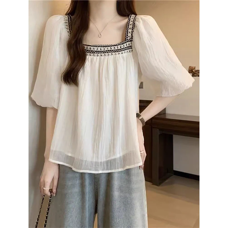 Women Summer Simplicity Loose Temperament Embroidered Square Collar Short Sleeve Shirts Women Clothes Casual All-match Thin Tops