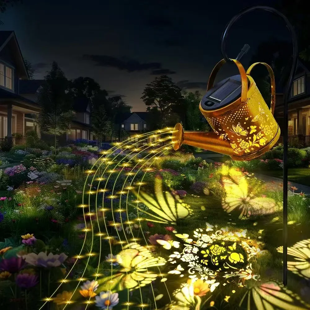 

Solar-powered outdoor courtyard decorative villa garden landscape iron waterproof hollow-out shower copper coin kettle lamp