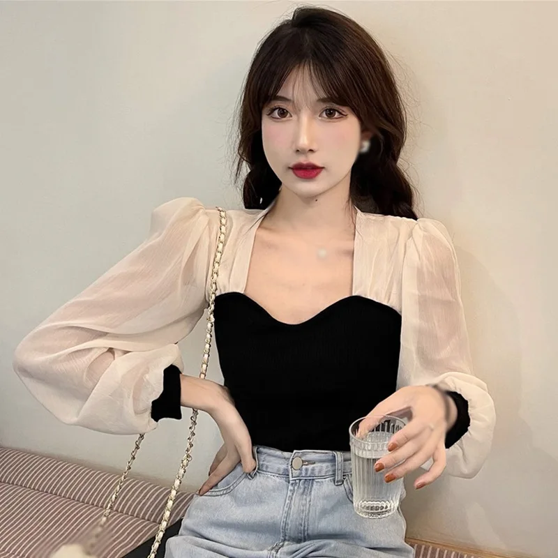 Korean Bubble Sleeve Blouse Fashionable Slim Versatile Elegant Long-sleeved Blouse French Square Neck Splicing Sweet Top