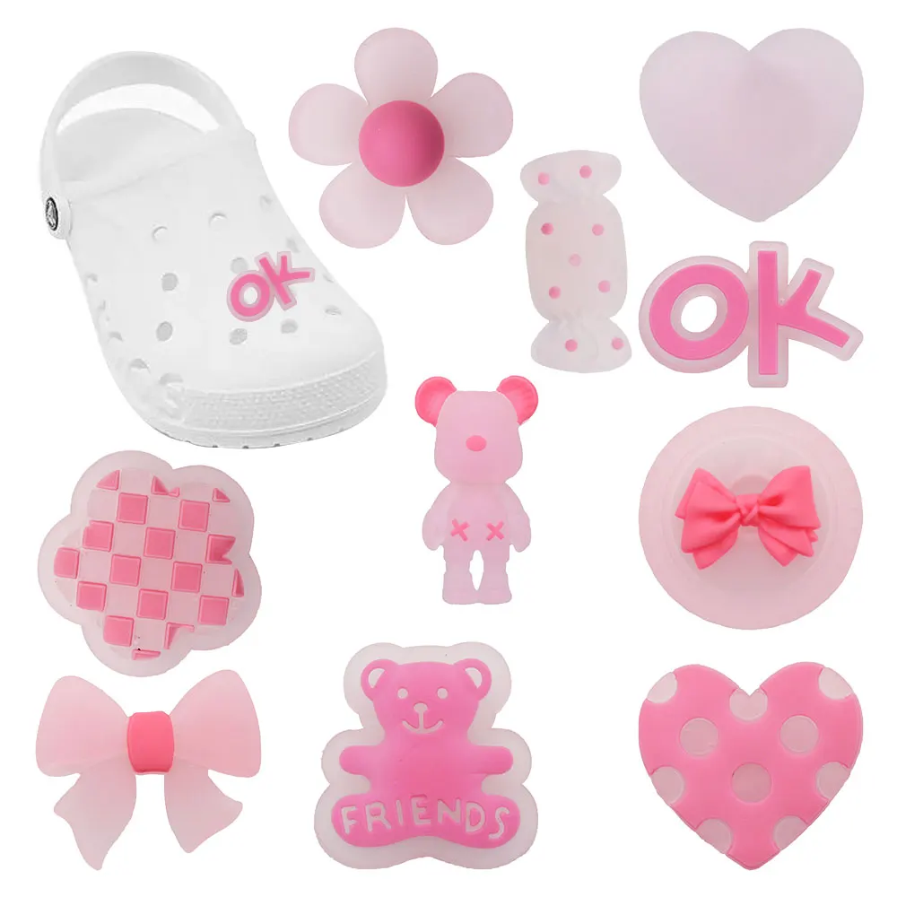 New Arrival 1-10pcs PVC Shoe Charms Pink Cute Heart Candy Flower Bow Bear Accessories Shoes Buckles Fit Kids X-mas Gift