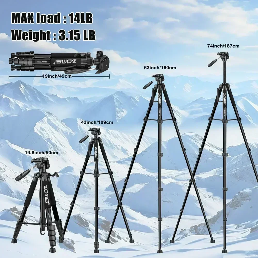 Q188 Professional Camera Tripod Lightweight Travel  Photography Tripod 187cm/73.64\'\' Adjust-height 360° Panorama  with Pan Head