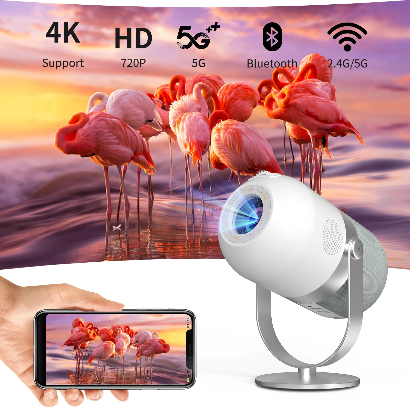 

Home Theater Mini Pocket Portable Projector White Projector 180 Degree Adjustable Android 9 LCD Smart Projector