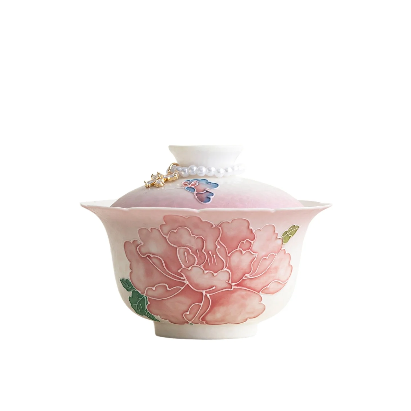 New Chinese Gradient 3D Pink Peony Ceramic Gaiwan Floral Rim High Beauty Ladies Single Brewing Cup Home Tea Ceremony Decor Gift