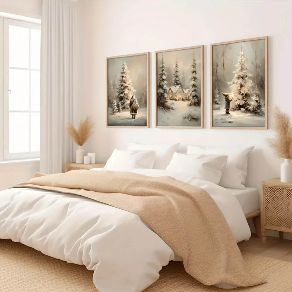 3pcs Frameless,Retro Winter Holiday Print,Nordic Country Cottage,Comfortable Gallery Christmas Poster,Living Room Home Decor