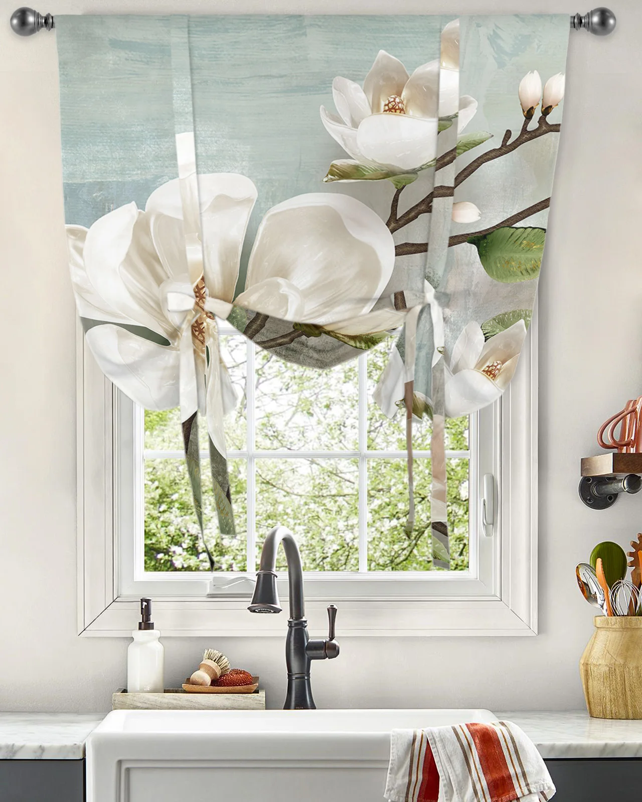 Idyllic White Flowers Vintage Background Window Curtain for Living Room Kitchen Tie-up Roman Curtain Home Decor Blinds Drapes