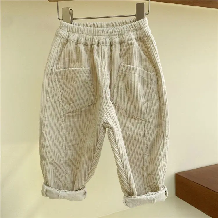 Korean Children\'s 2023 Autumn Boys\' Corduroy Pants Children\'s Solid Child Thick and Thin Striped Casual Radish Pants